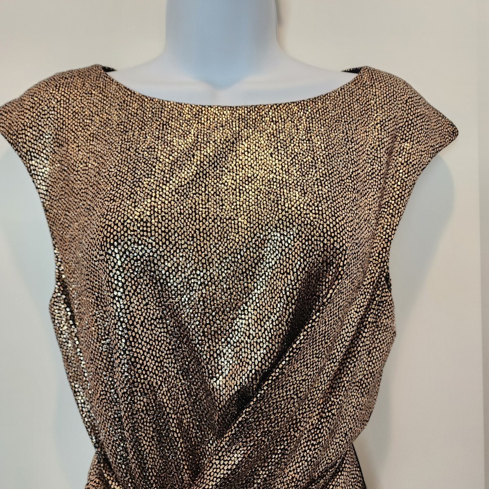 Tahari Metallic Bronze Faux Wrap Dress 8 Cap Sleeve Cocktail Quiet Luxury Glam - Picture 9 of 16